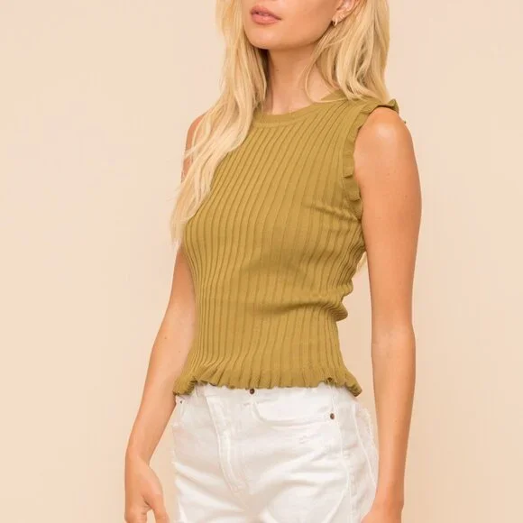 HEM & THREAD Ribbed Ruffle Sleeve Knit Tank | Olive - Picture 2 of 3